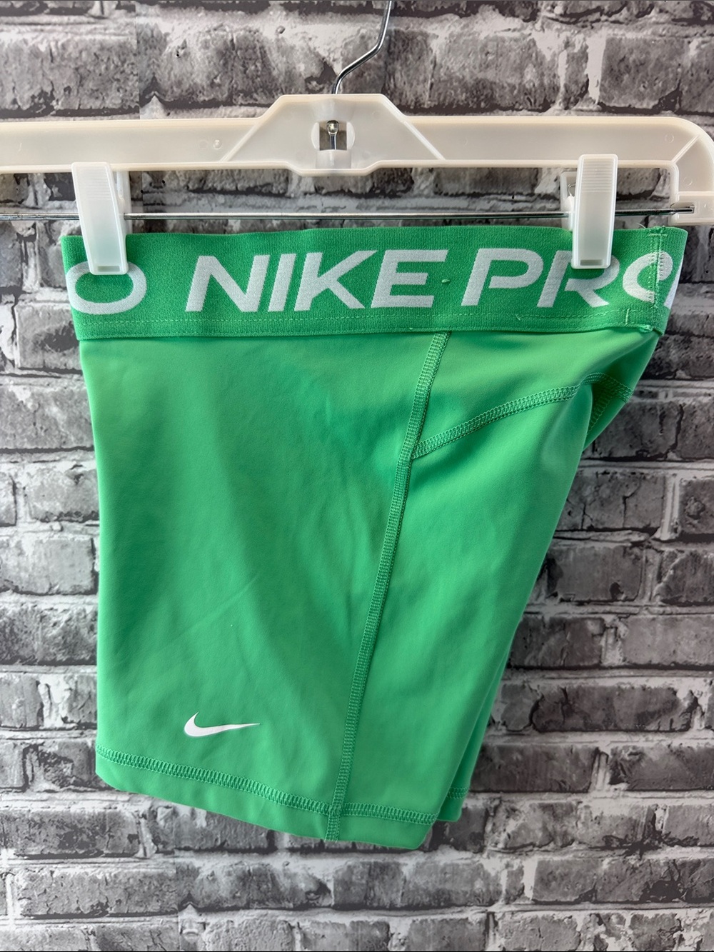 Nike Pro Green Athletic Compression Shorts with White Swoosh